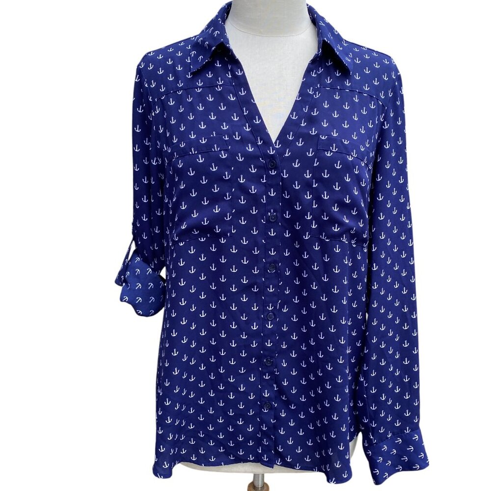 Express The Portofino Shirt Blue Nautical Anchor Print Roll Tab Coastal Preppy-L - Picture 2 of 15